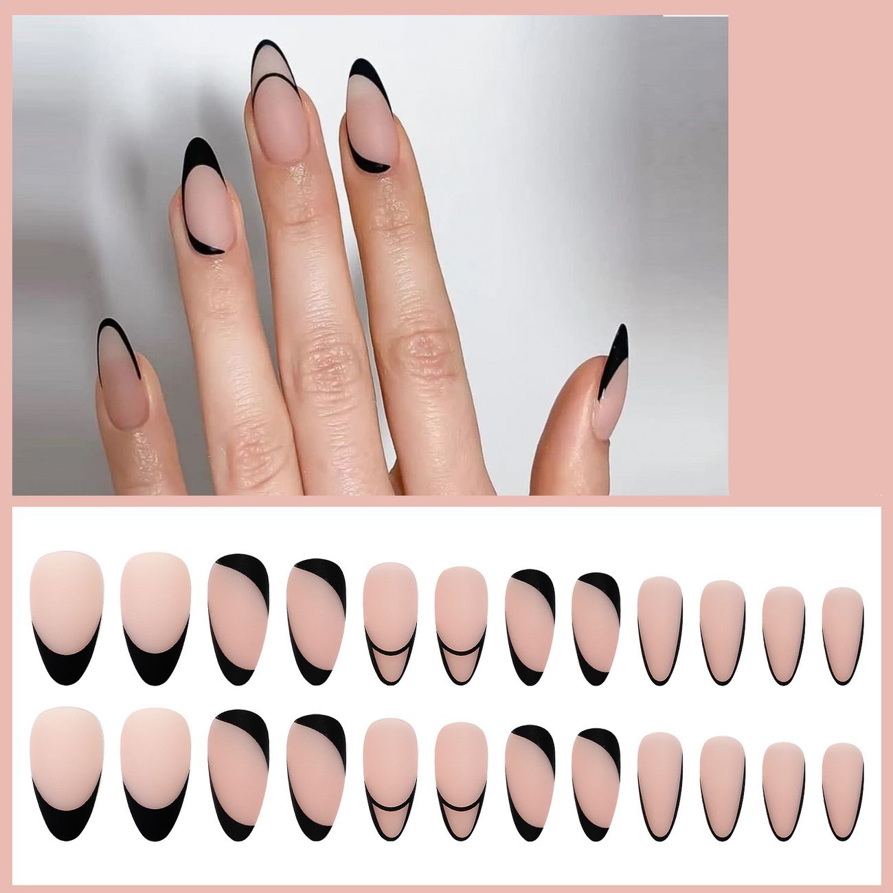 24 Pcs French Nude Medium Press On Nails Matte Almond Shape Fake Nail Black  Art Stripes Designs Artificial False Nails Acrylic Stiletto Stick On Nails  Tips For Women And Girls | Free