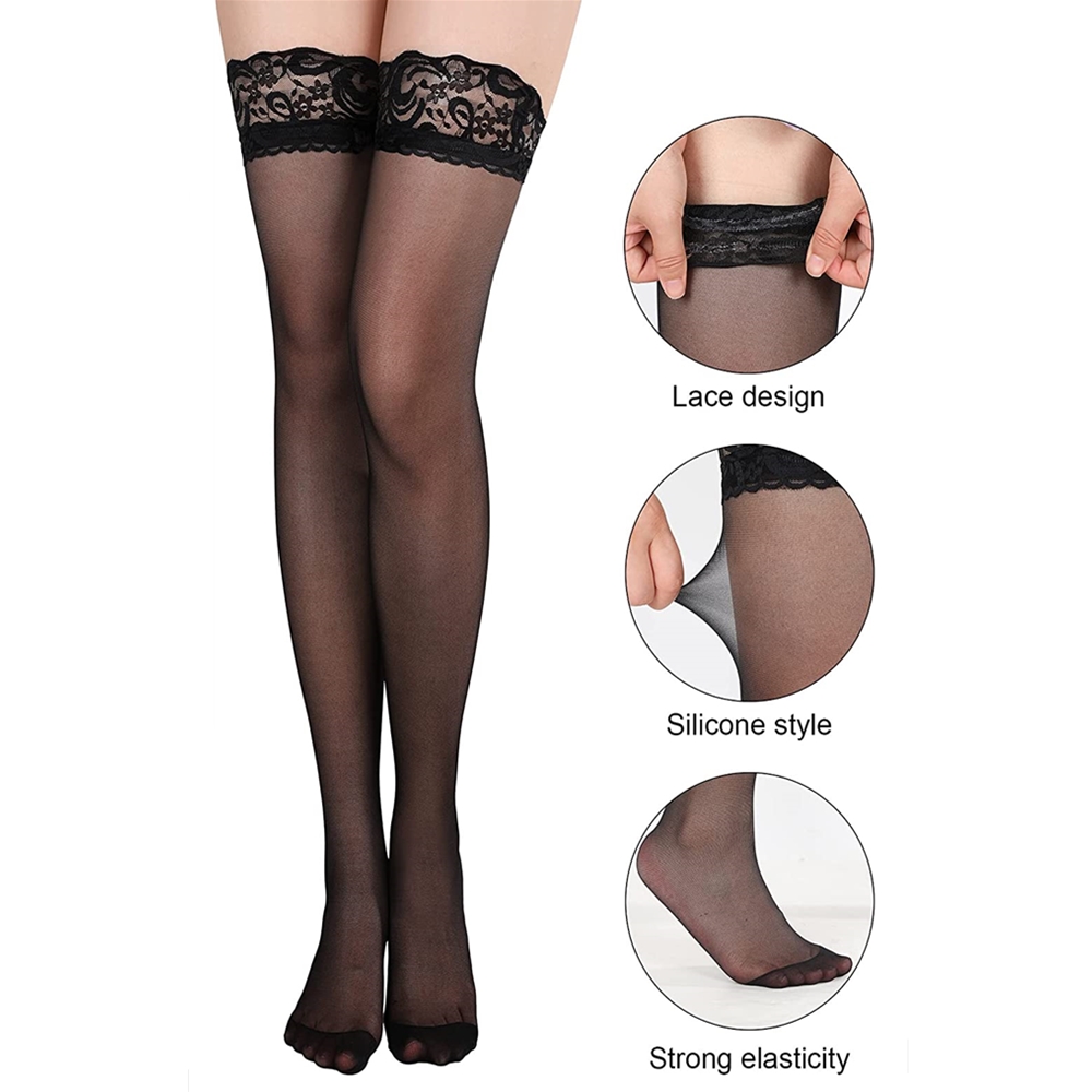3 Pairs Women's Sheer Thigh High Stockings Pantyhose Hosiery Antiskid  Silicone Ultra Socks Bow Lace Thigh Highs