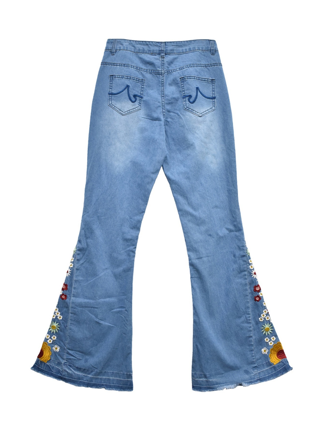 Floral Embroidered Decor Flare Jeans, Slant Pockets High Stretch Bell  Bottom Jeans, Women's Denim Jeans & Clothing