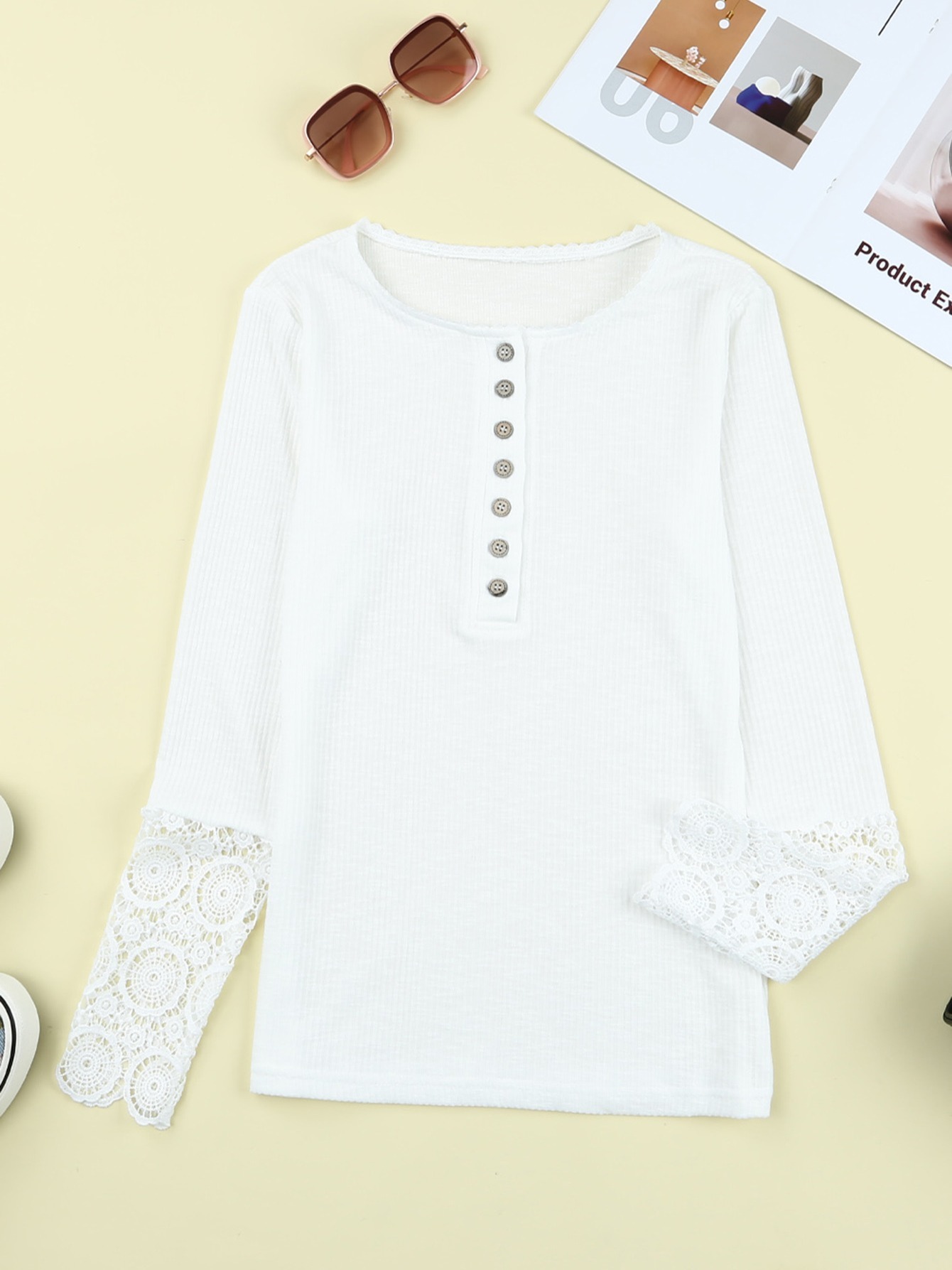 Long Sleeve Lace Henley  Lace top long sleeve, White long sleeve tshirt,  Long sleeve lace