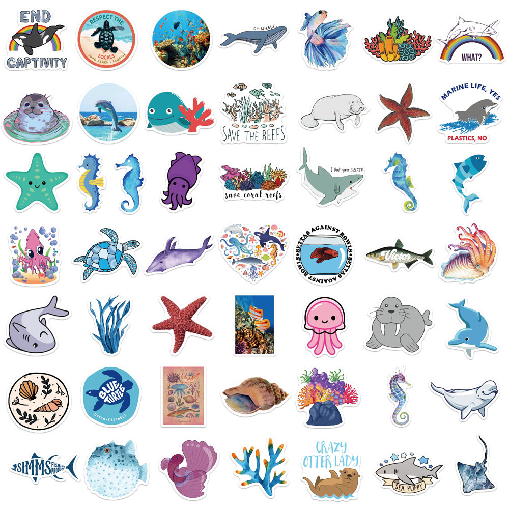 50 Cute Marine Life Animal Stickers Cartoon Seal Beluga Whale Shark Octopus  Graffiti DIY Hand Account Scrapbook Mobile Phone Water Cup Luggage Refrige