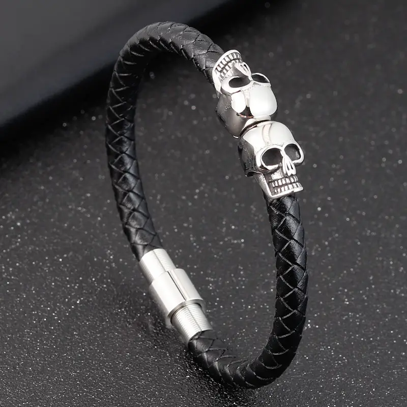 Black Woven Pu Leather Steel Skull Bracelet - Temu