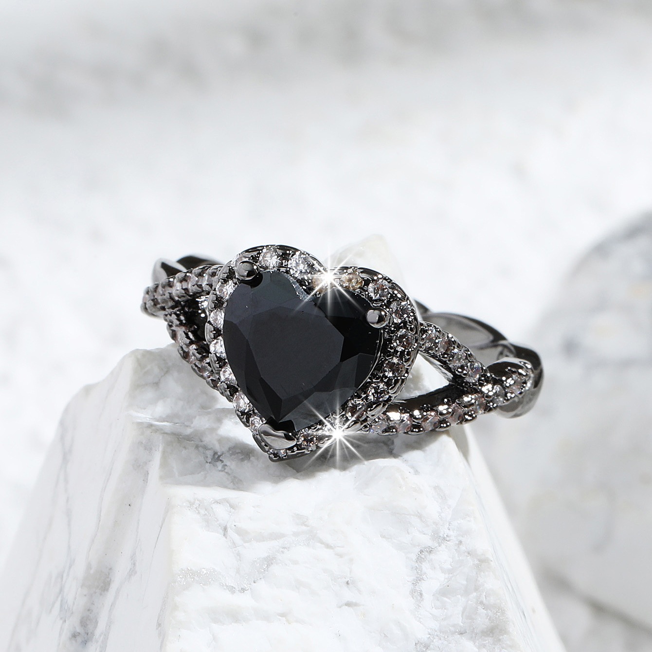 Love Bague Noire En Forme Coeur Croix En Zircon Noir Cadeaux