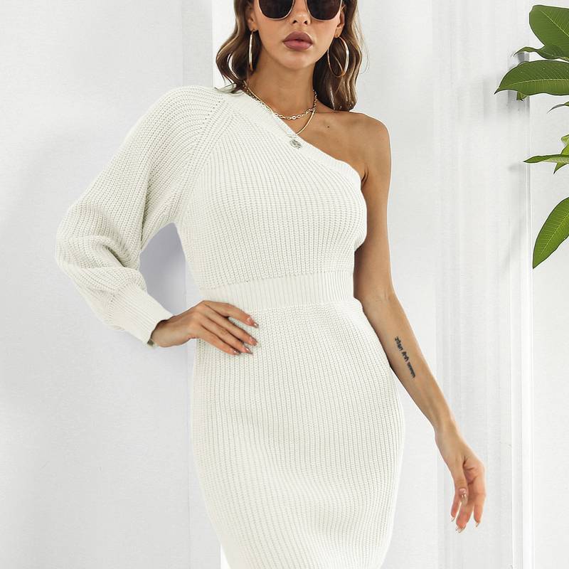 Women's Sweater Solid Ribbed One Shoulder Long Sleeve Sweater Dress ...