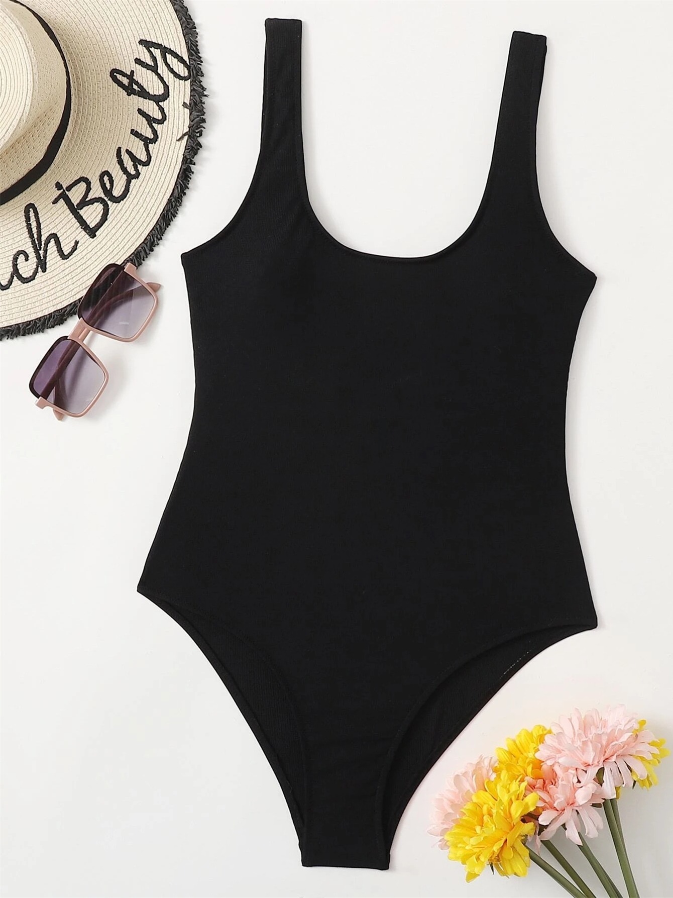 Black Round Neck One Piece Swimsuit, Tummy Control Beachwear High Cut ...