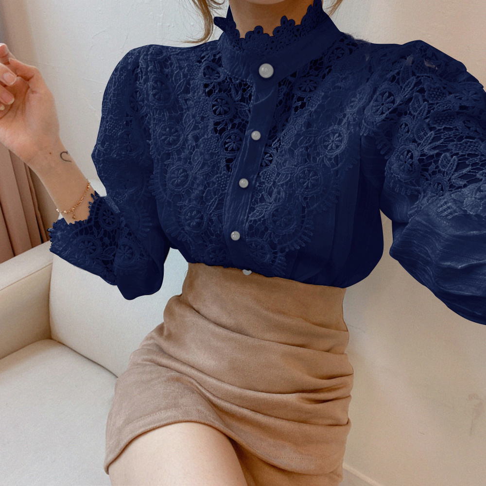 Womens Blouse Lace Puff Sleeve Lantern Sleeve Solid Pleated Temu 