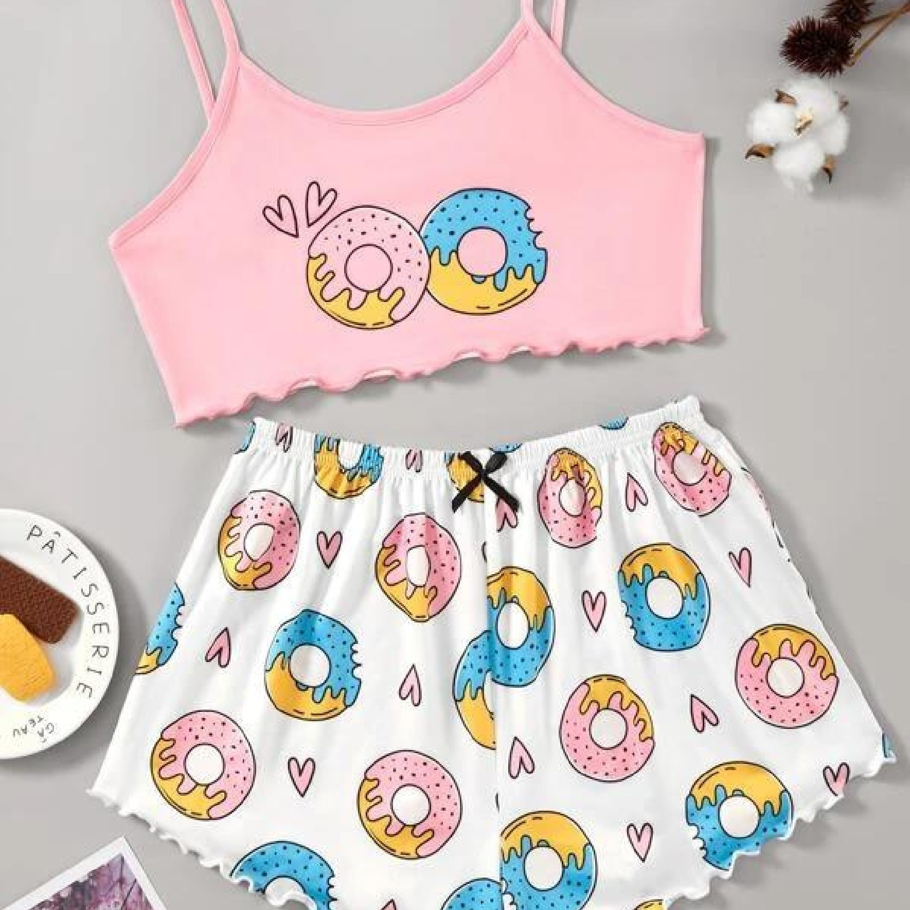 

Women's Sleepwear Two-piece Sets, Cute Food Print Cami Tops & Shorts Pajama Set For Valentine's Gifts