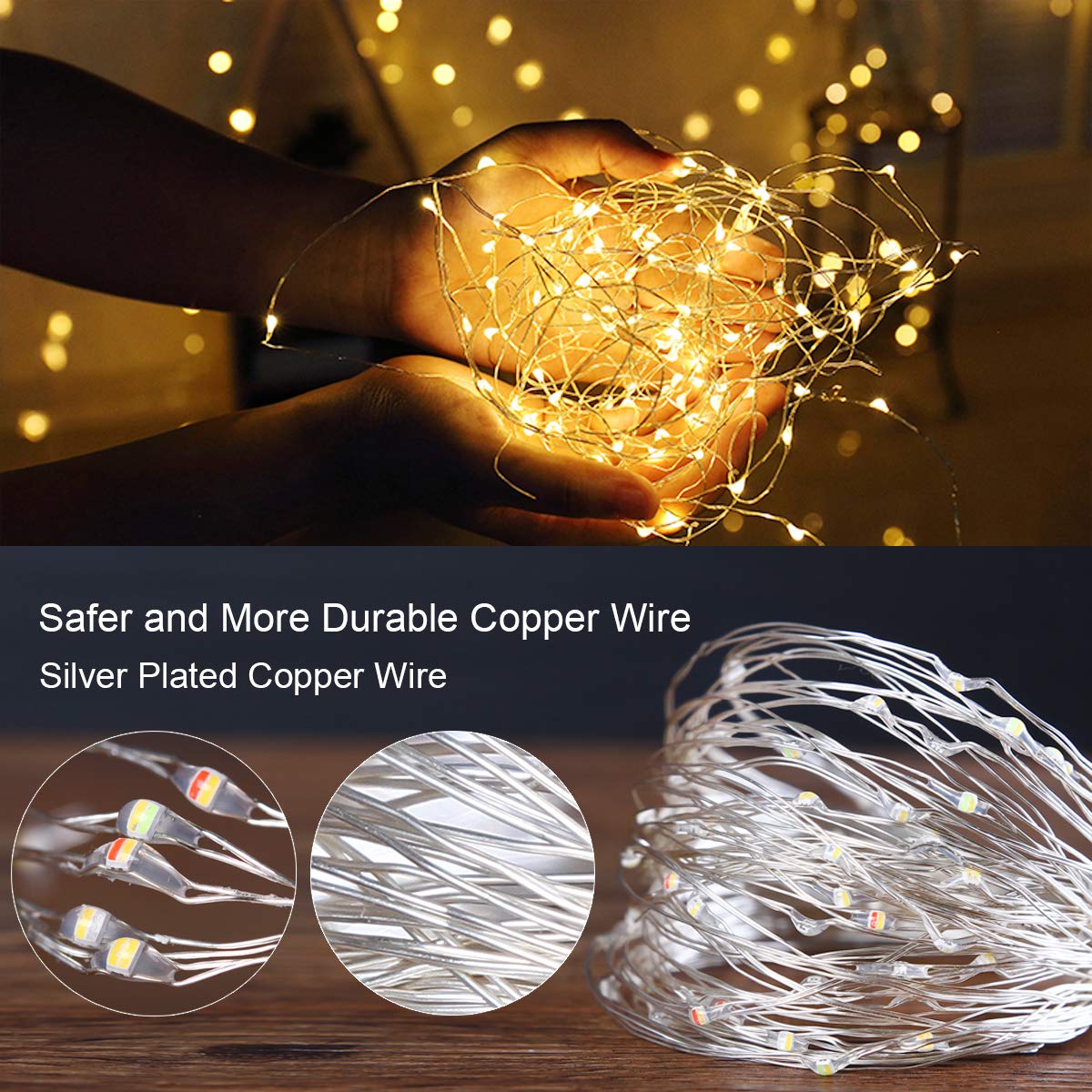 Remote Control LED Fairy Lights, USB, Copper Wire, 32 ft