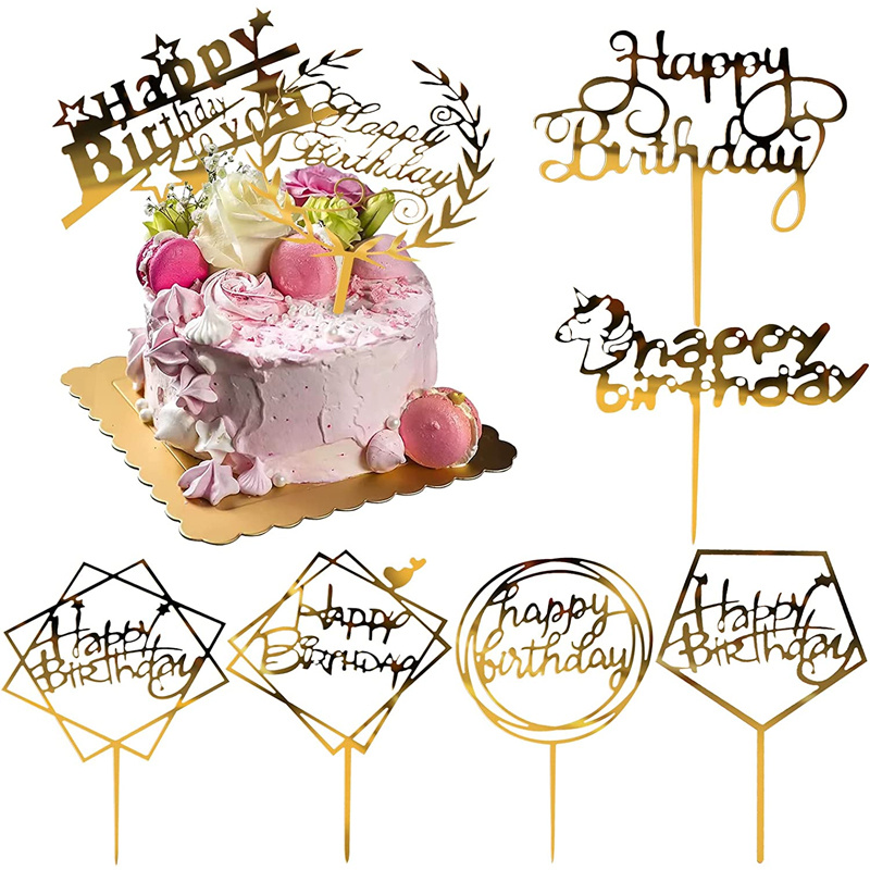 10pcs Happy Birthday Cake Topper Pink Gold Acrylic Mirror Cake