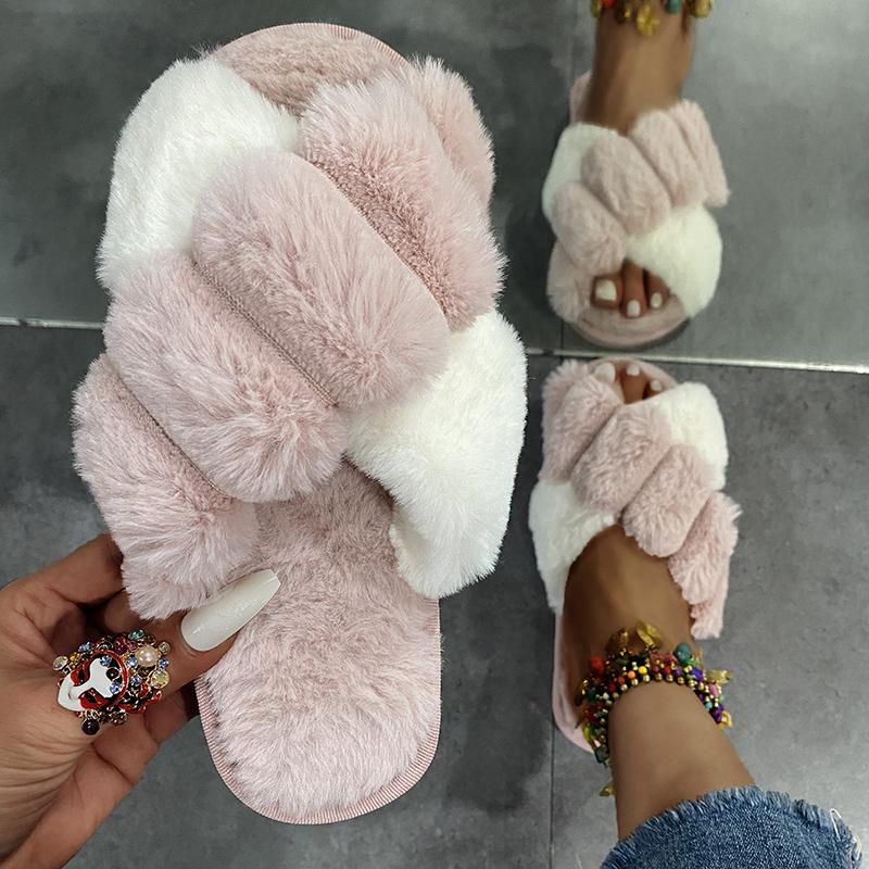 

Women's Home Shoes, Indoor Plush Slippers, Color-block Open Toe Fashion Slides