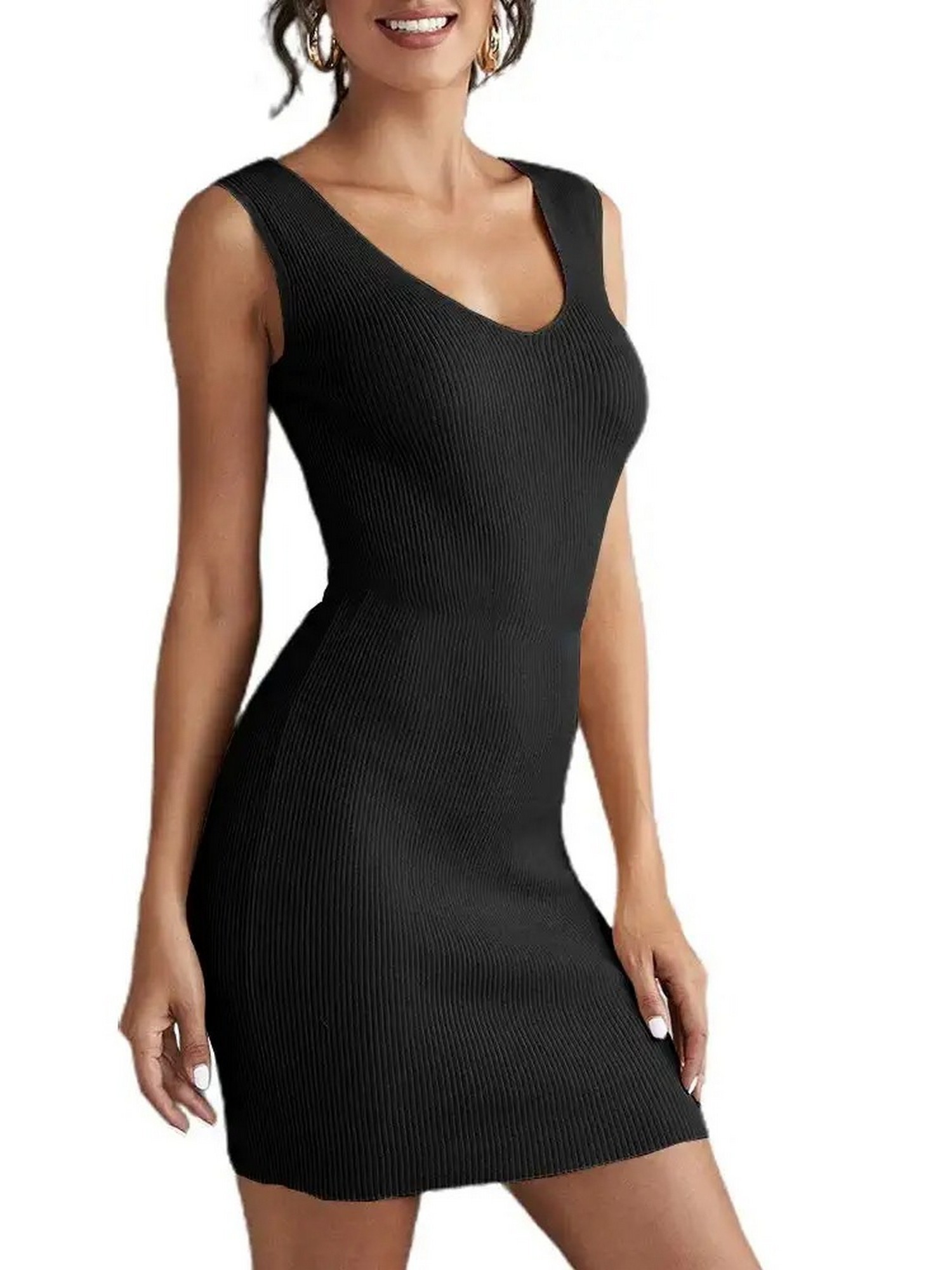 Women s Ribbed Tank Dress Sleeveless V neck Bodycon Knit Temu Canada