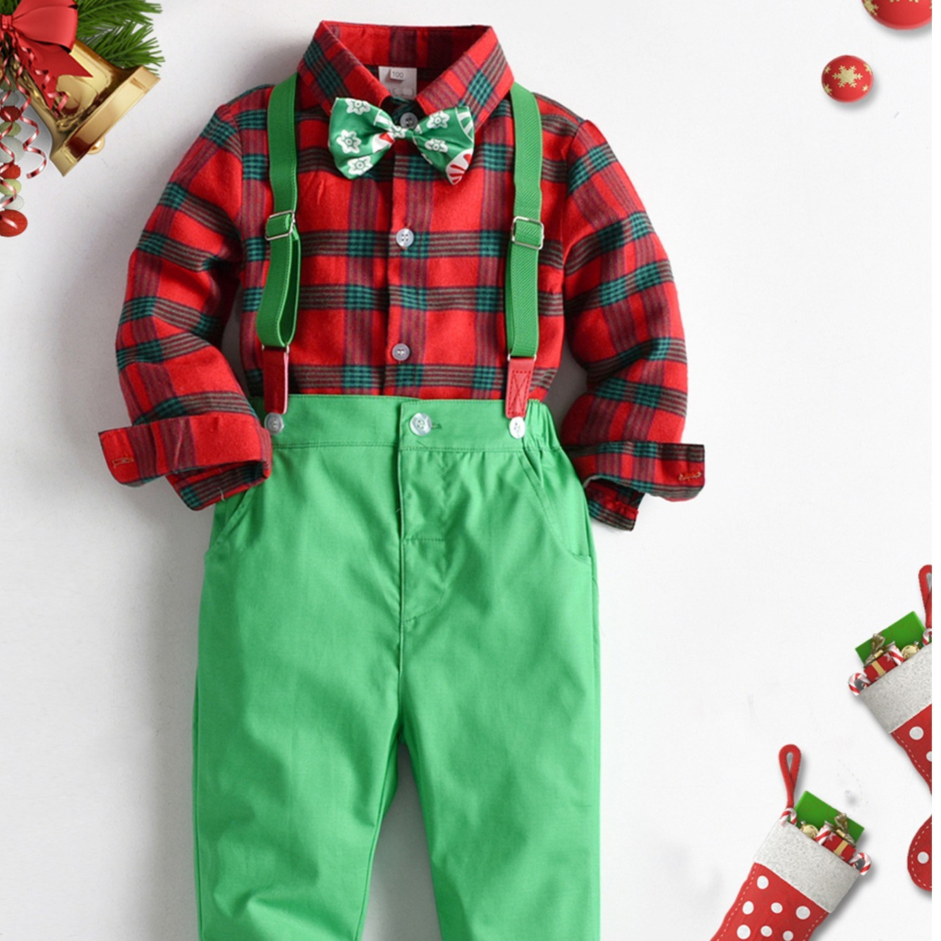 Boys' Christmas Plaid Gentleman Outfits & Suspender Pants Party