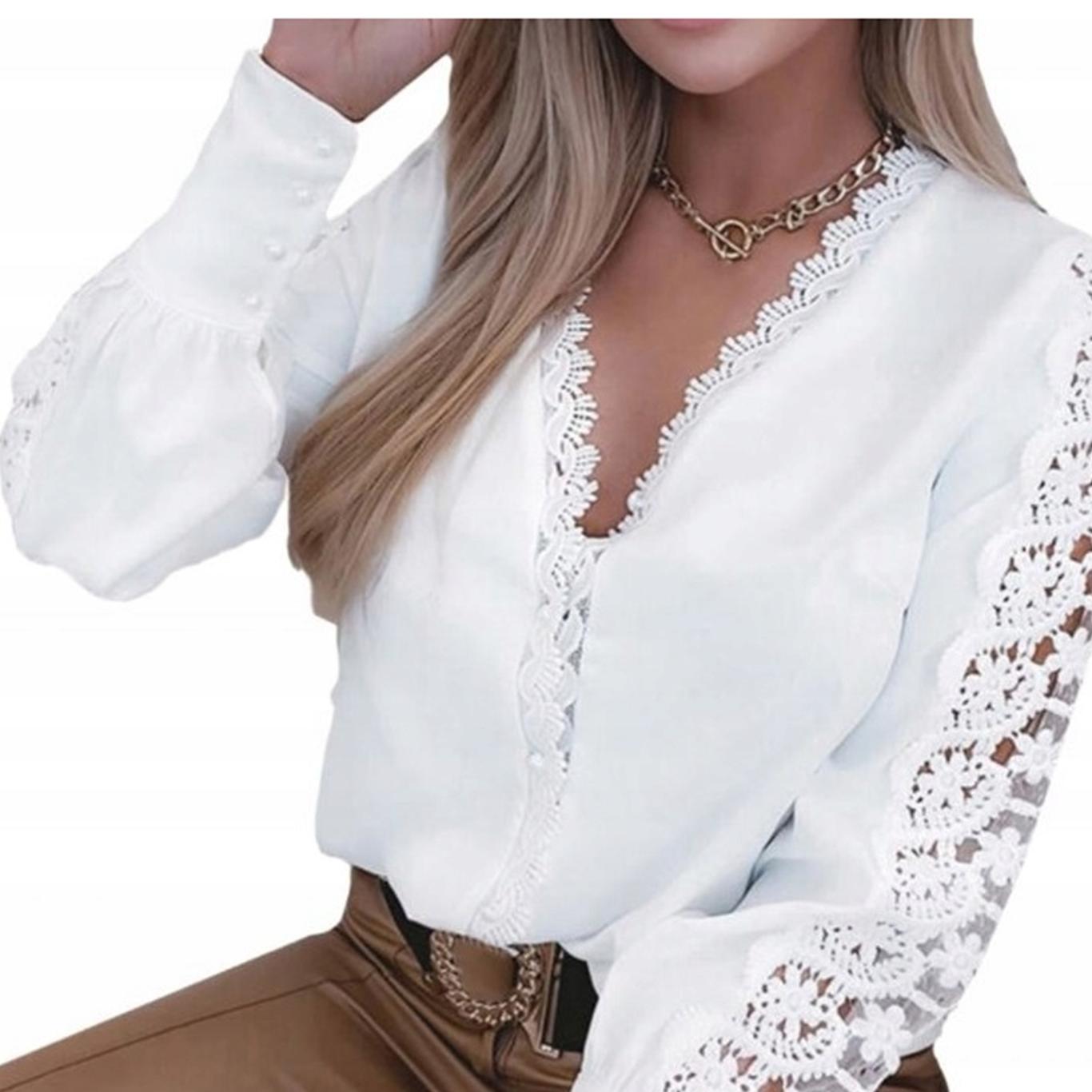 

Women's Blouse Solid V-neck Contrast Lace Long Sleeve Fall Winter Blouse