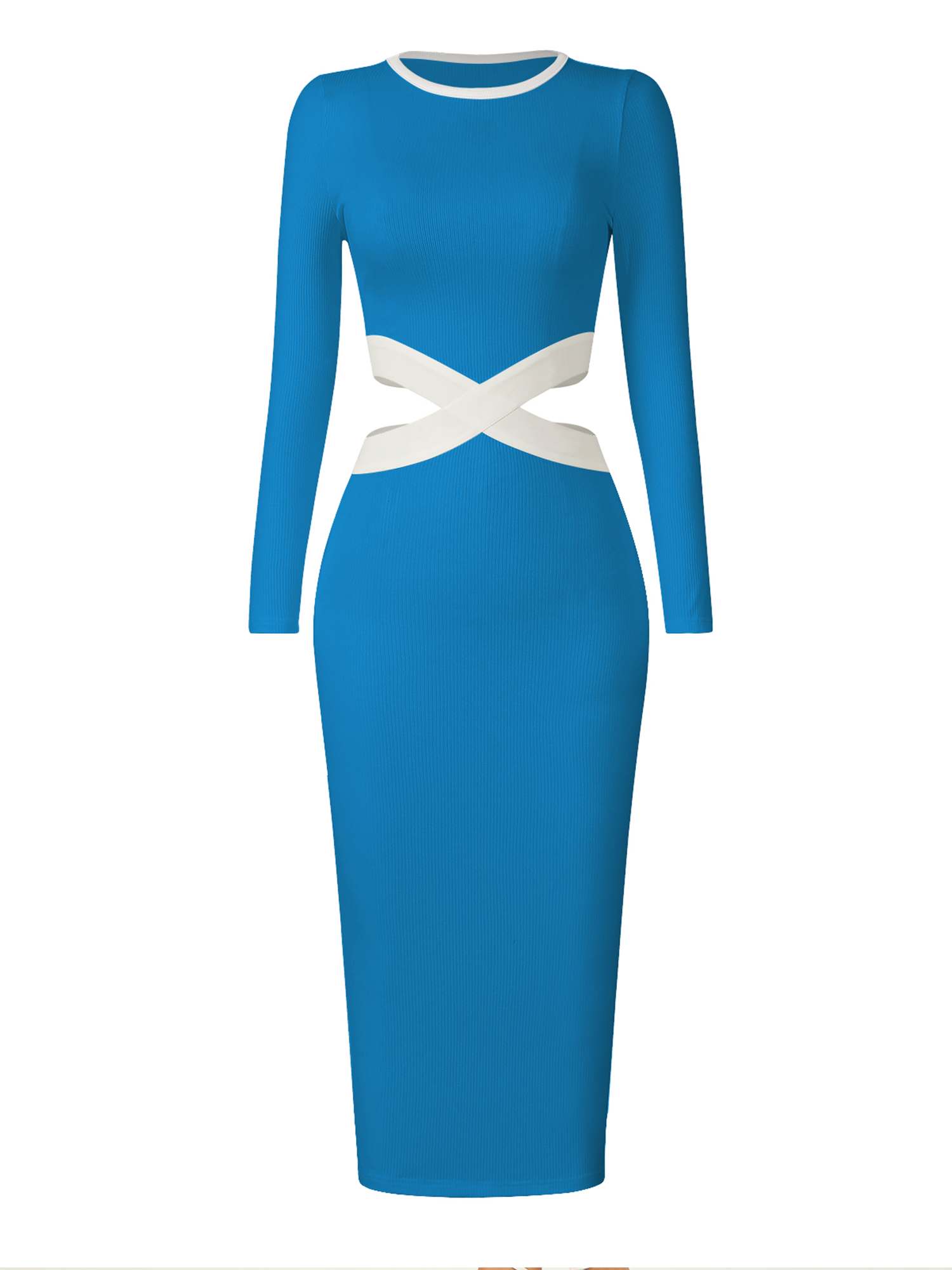 Vestido de punto ajustado manga larga azul medio mujer