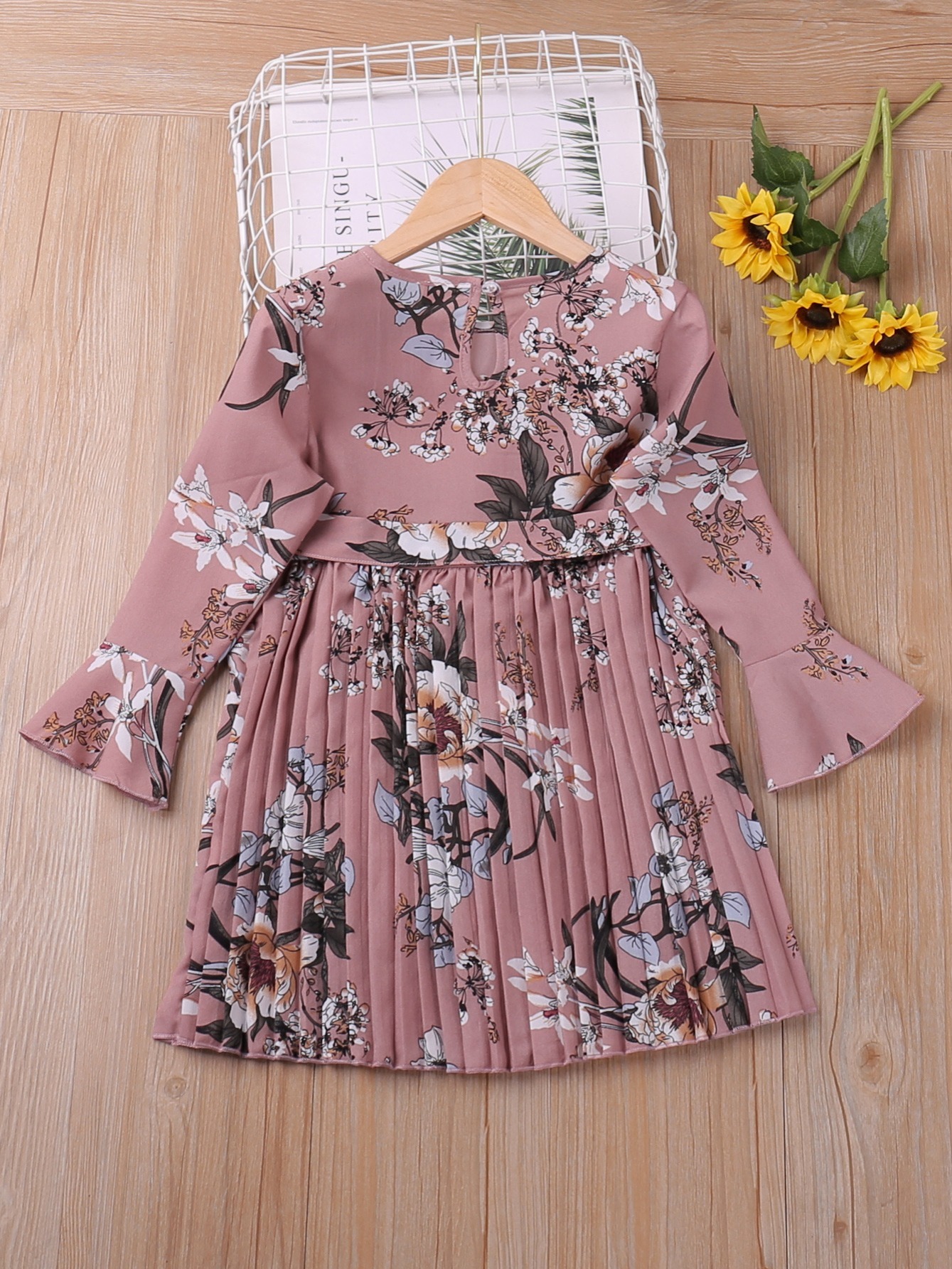 little girls boho floral flare long sleeve casual pleated dress for party going out kids spring fall clothes   1