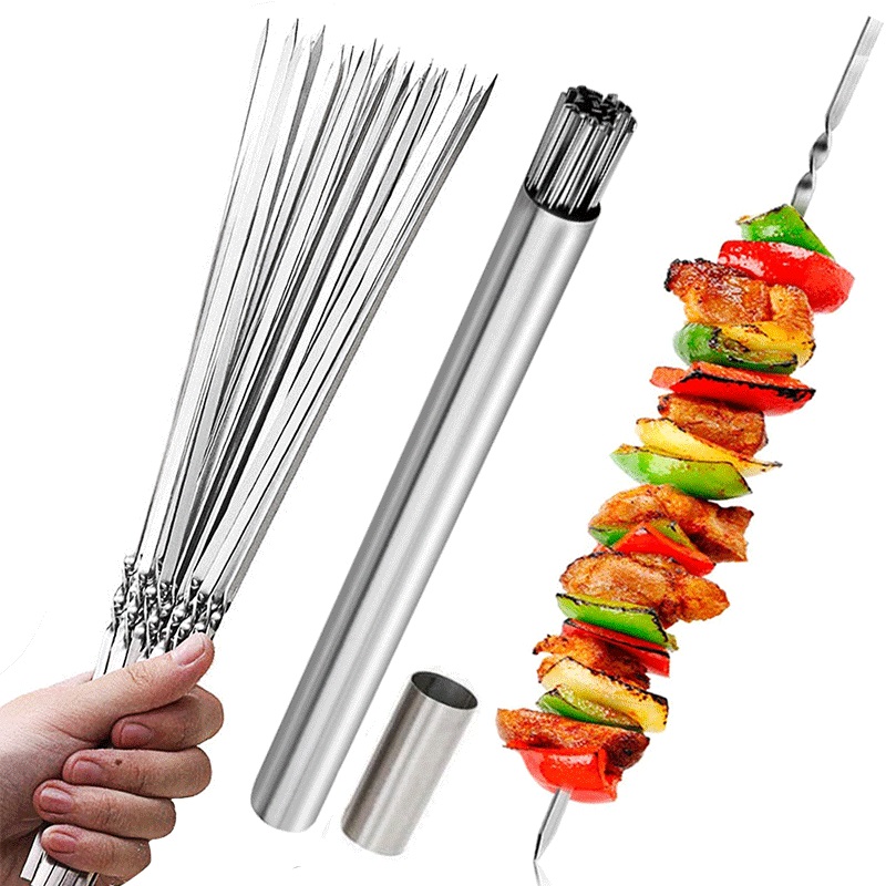 15pcs stainless steel skewers 1 tube storage for barbecue reusable grill skewers shish kebab bbq camping flat forks gadgets outdoor camping picnic cookware barbecue tool accessories details 0