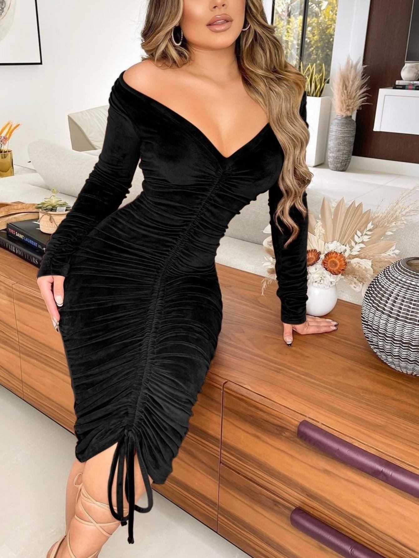 Solid Ruched Dress Sexy High Neck Long Sleeve Bodycon - Temu Canada