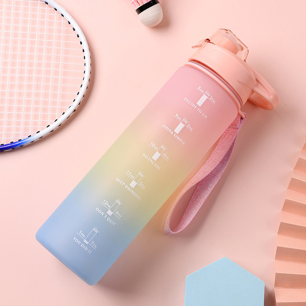 Sports Gradient Water Bottle Outdoor Time Marker Frosted Straw Cup Large  Scale Fitness Workout Cups Gym Water Drinking Bottle 1L