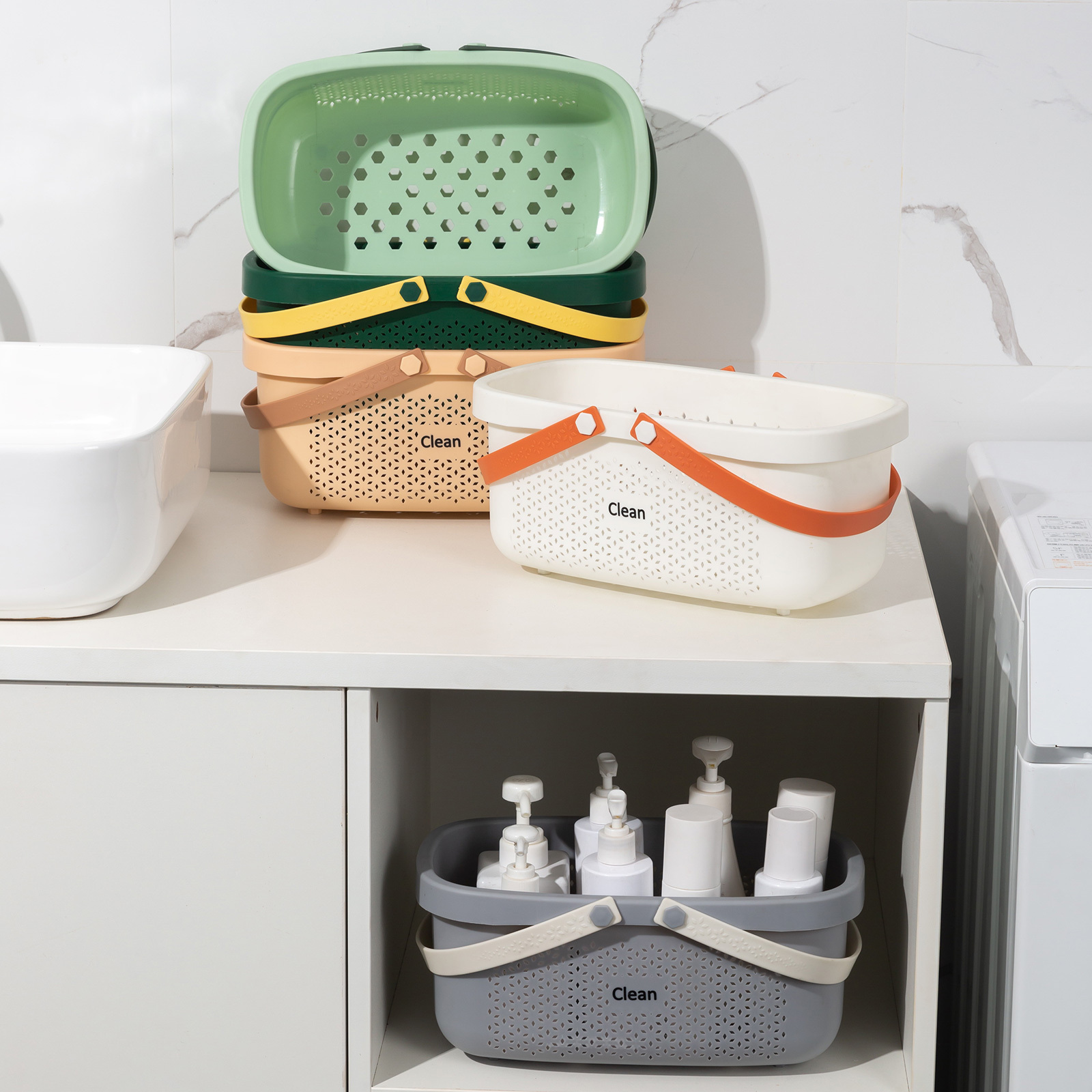Sumnacon Cesta de ducha de plástico de 4 piezas, cesta portátil con asa,  cesta de ducha funcional para baño, dormitorio, duchas comunales, cocina