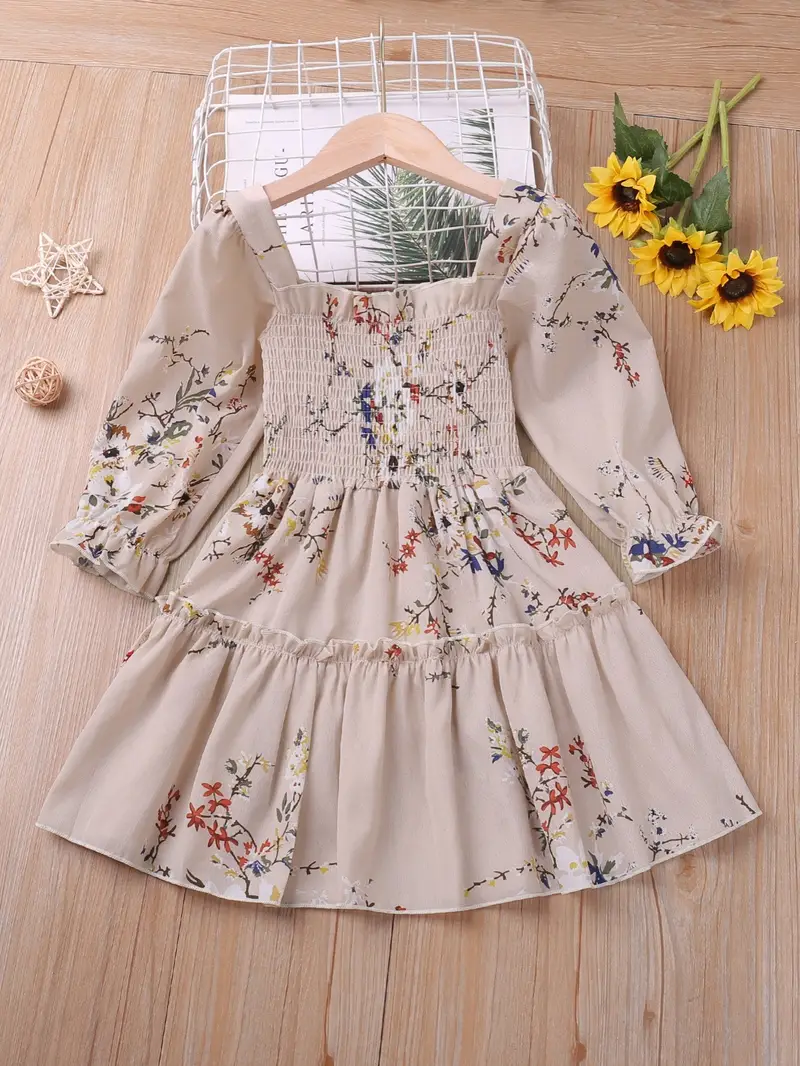 girls shirred flowers print long sleeve dress kids party holiday dress summer casual a line dresses details 13
