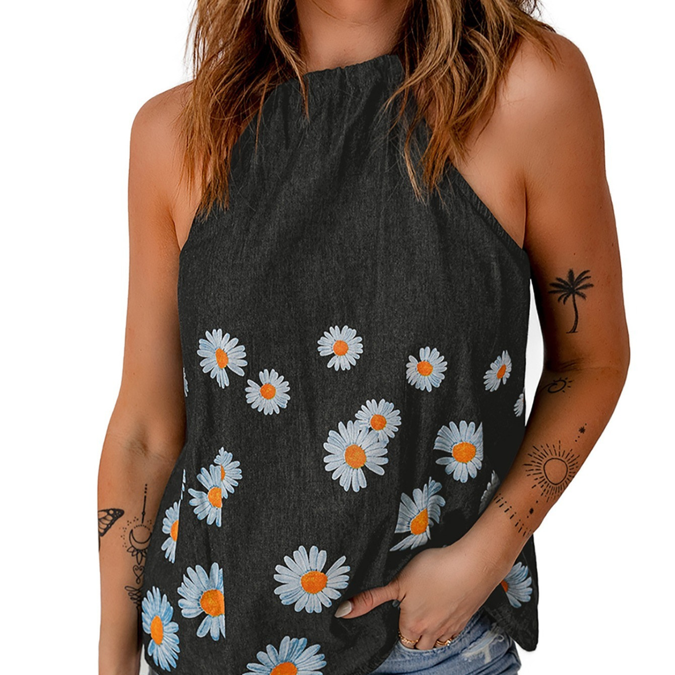 JGGSPWM Women Daisy Sunflower Pint Tank Tops Sleeveless Shirts Halter Neck  Tees Ruffle Flowy Vest Summer Casual Tops Loose Fit Comfy Tshirts Black S 
