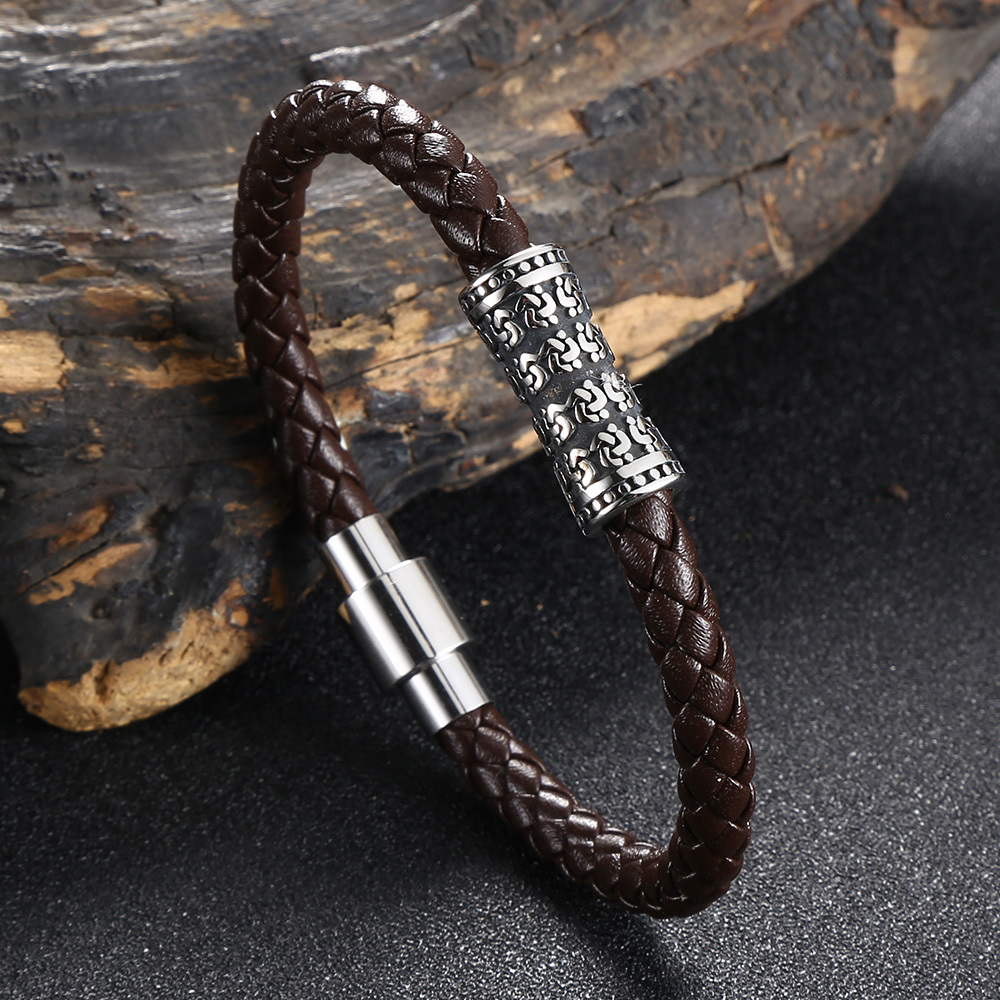 Braided Genuine Leather Bracelet Men with Stainless Steel Buckle