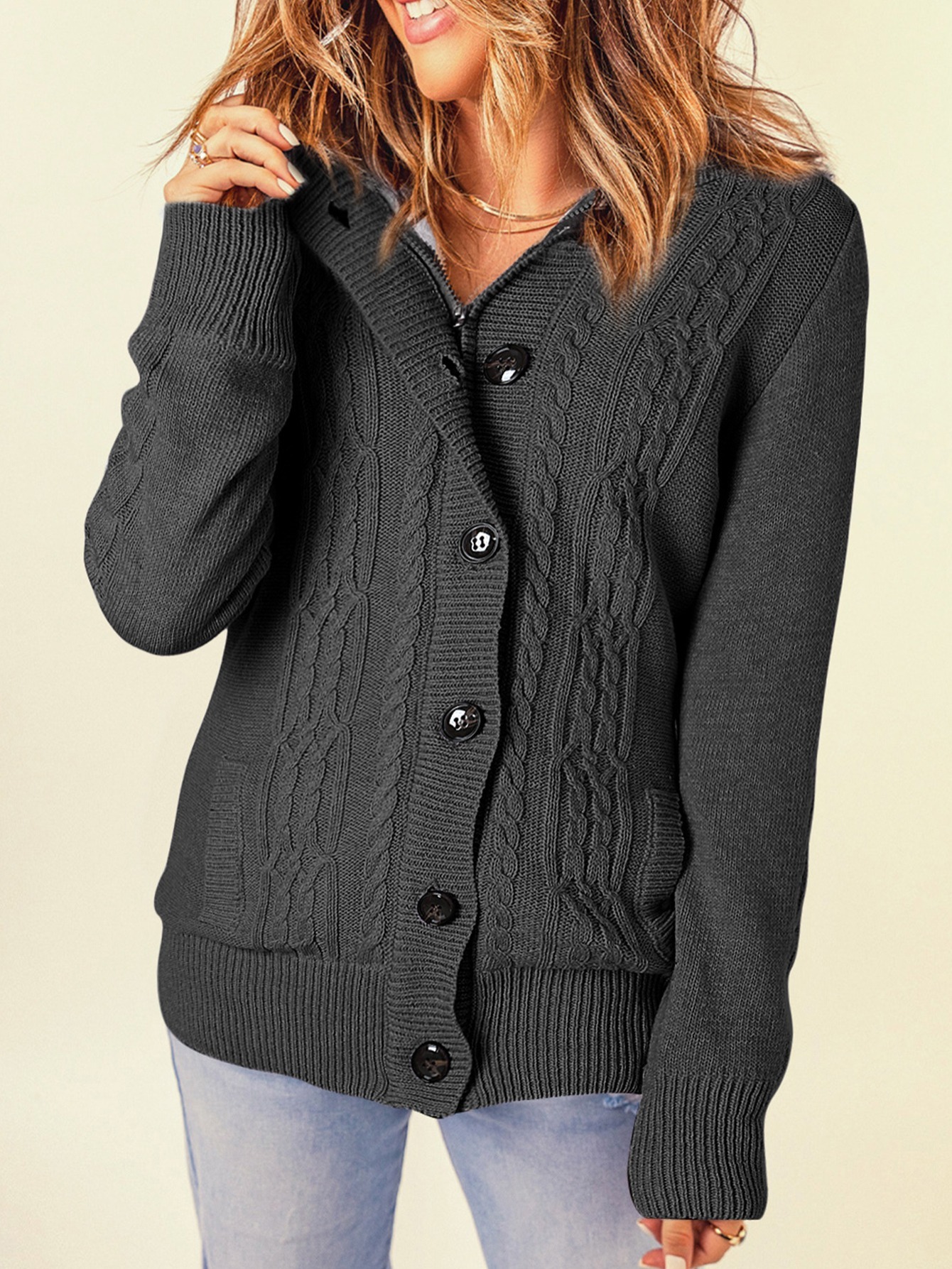 Women hooded knit cardigans button cable clearance sweater coat