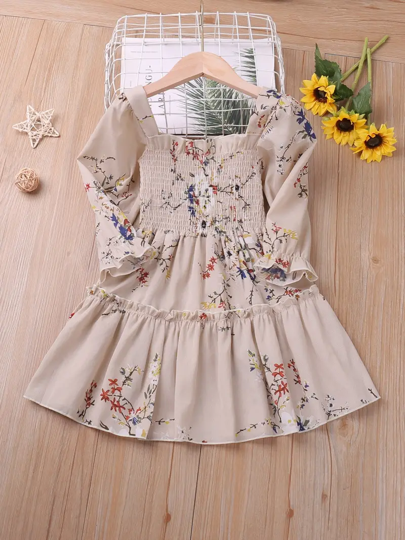 girls shirred flowers print long sleeve dress kids party holiday dress summer casual a line dresses details 10