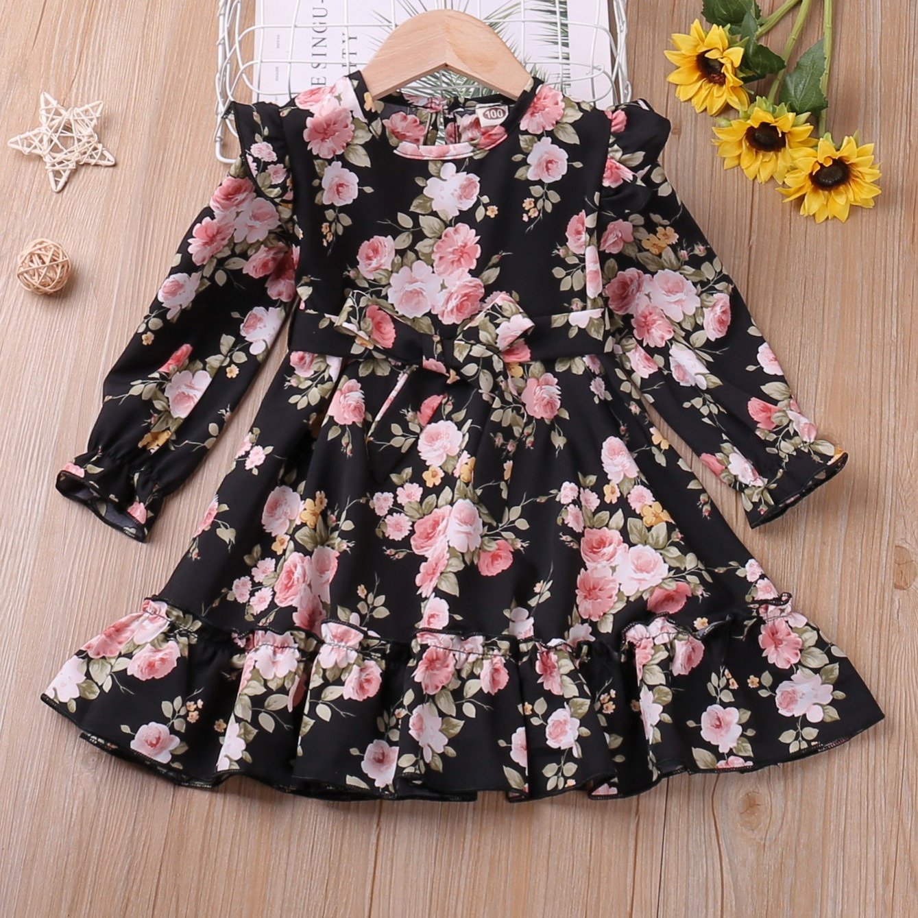 Toddler Girls Ruffle Long Sleeve Dress With Floral Print Kids Clothes