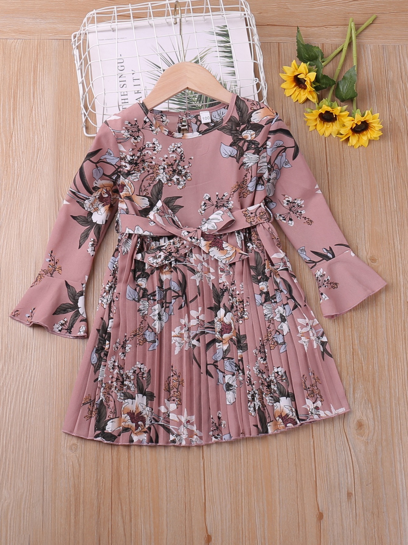 little girls boho floral flare long sleeve casual pleated dress for party going out kids spring fall clothes   0