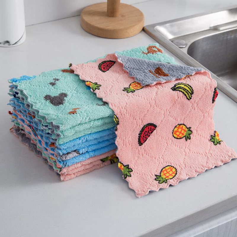 5pcs Kitchen Dishcloths, Reusable Dish Cellulose Sponge Cloths, Super Absorbent Coral Fleece Cleaning Cloths, Washable Fast Drying Towels