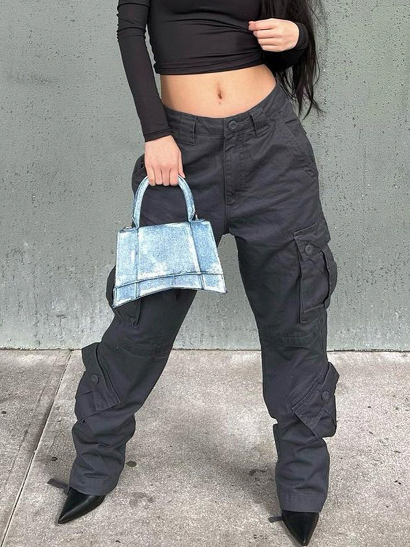 *-* Dark Gray Cargo Pants, Relaxed Fit Loose Straight Leg Cargo Style Jeans  With Pockets, Y2K Kpop Vintage Style, Women's Clothing & Denim