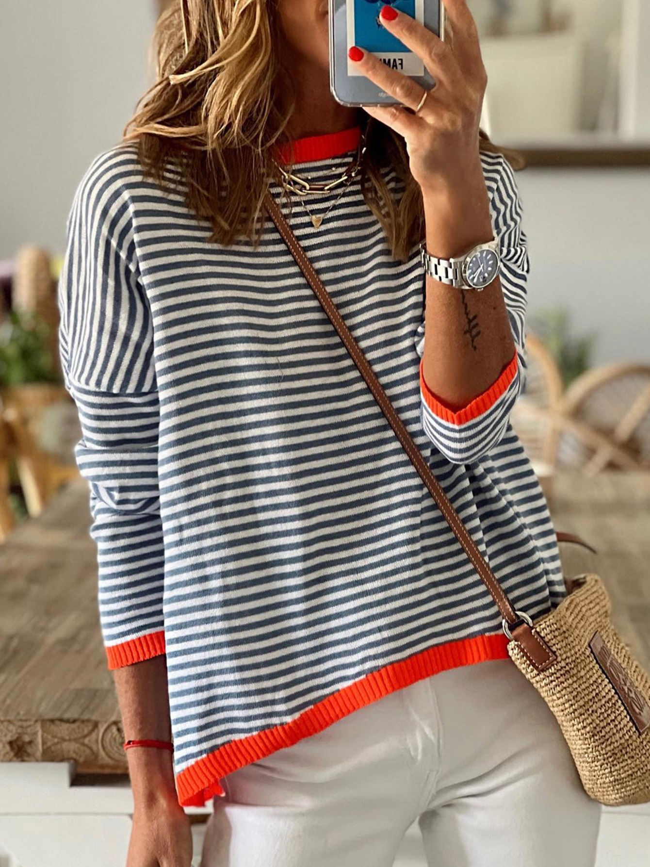 Women's Sweater Contrast Striped Crew Neck Side Stripe Pullovers