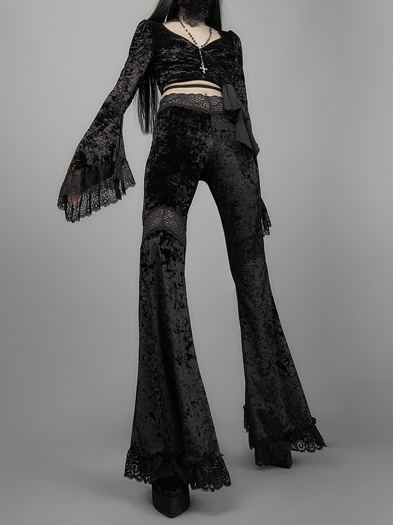 Women's Black Gothic Velvet Velour Flare Bell Bottom Leggings Trouser  Halloween