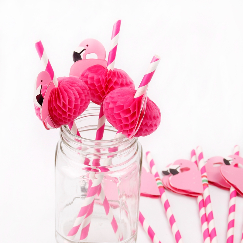 12pcs Pink Flamingo Disposable Paper Straws Birthday Summer