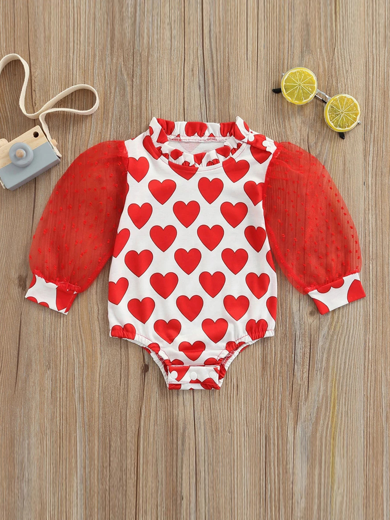Romper with Printed Heart and Mesh Sleeves for Girls