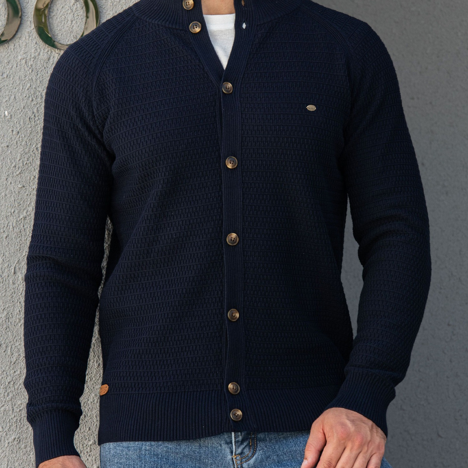 Men's Classic Design Knitted Cardigan Cotton Blend Button Mock Neck Sweater