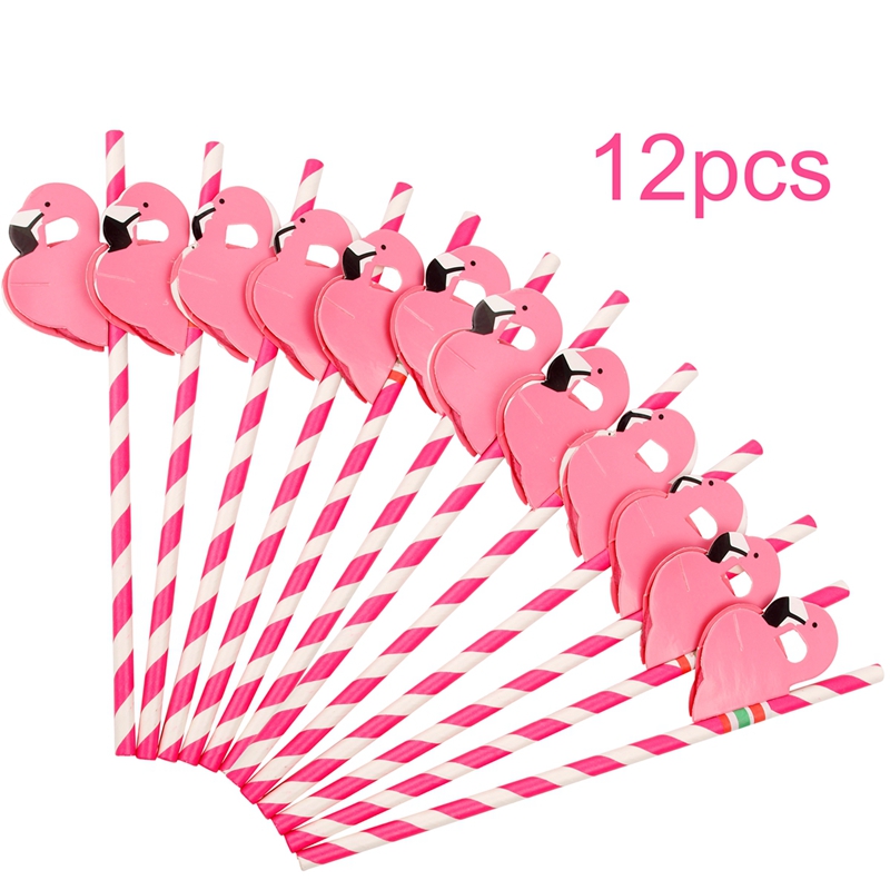 12pcs Pink Flamingo Disposable Paper Straws Birthday Summer