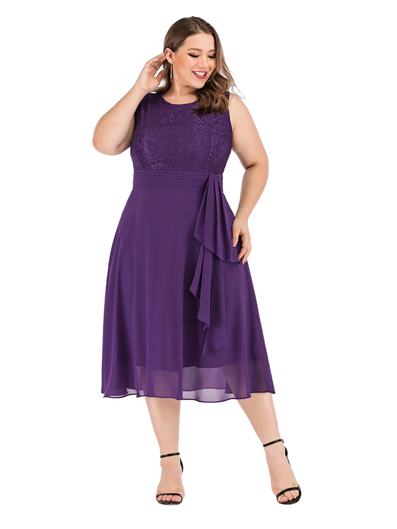 Bigersell Floral Dress Women Solid Short Sleeve Round Neck Lace Chiffon  Mesh Waist Party Dresses Long Dress Women's Plus Ball Gown Dresses, Style  33121, Purple M 