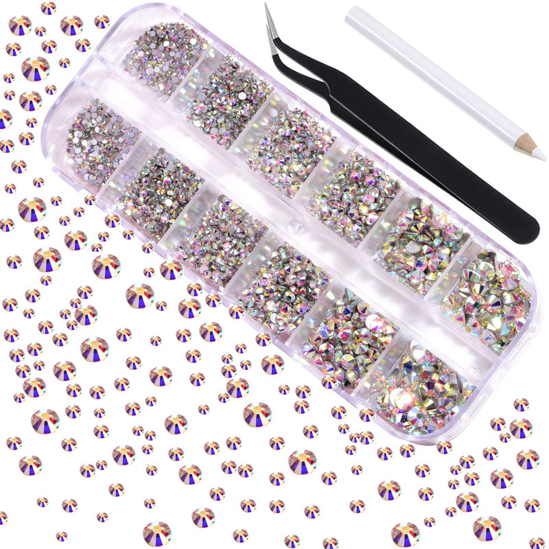 TecUnite 4000 Pieces Glass Flatback Gemstones Round Flat Back Rhinestones 6  Sizes 1.5 mm-6 mm in Box with Tweezer and Rhinestones Picking Pen for Nail  Face Art (Peacock Green and Red)