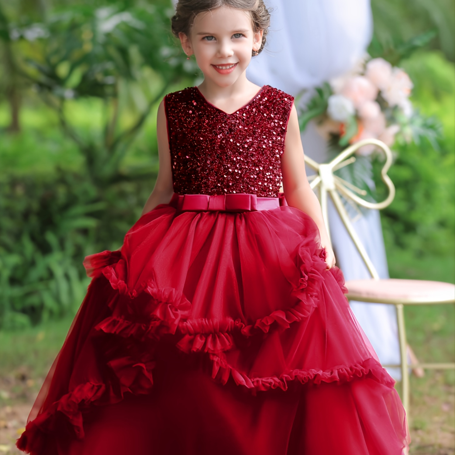 Girls Elegant Sleeveless Sequins Princess Dress For Christmas Birthday Party Performance