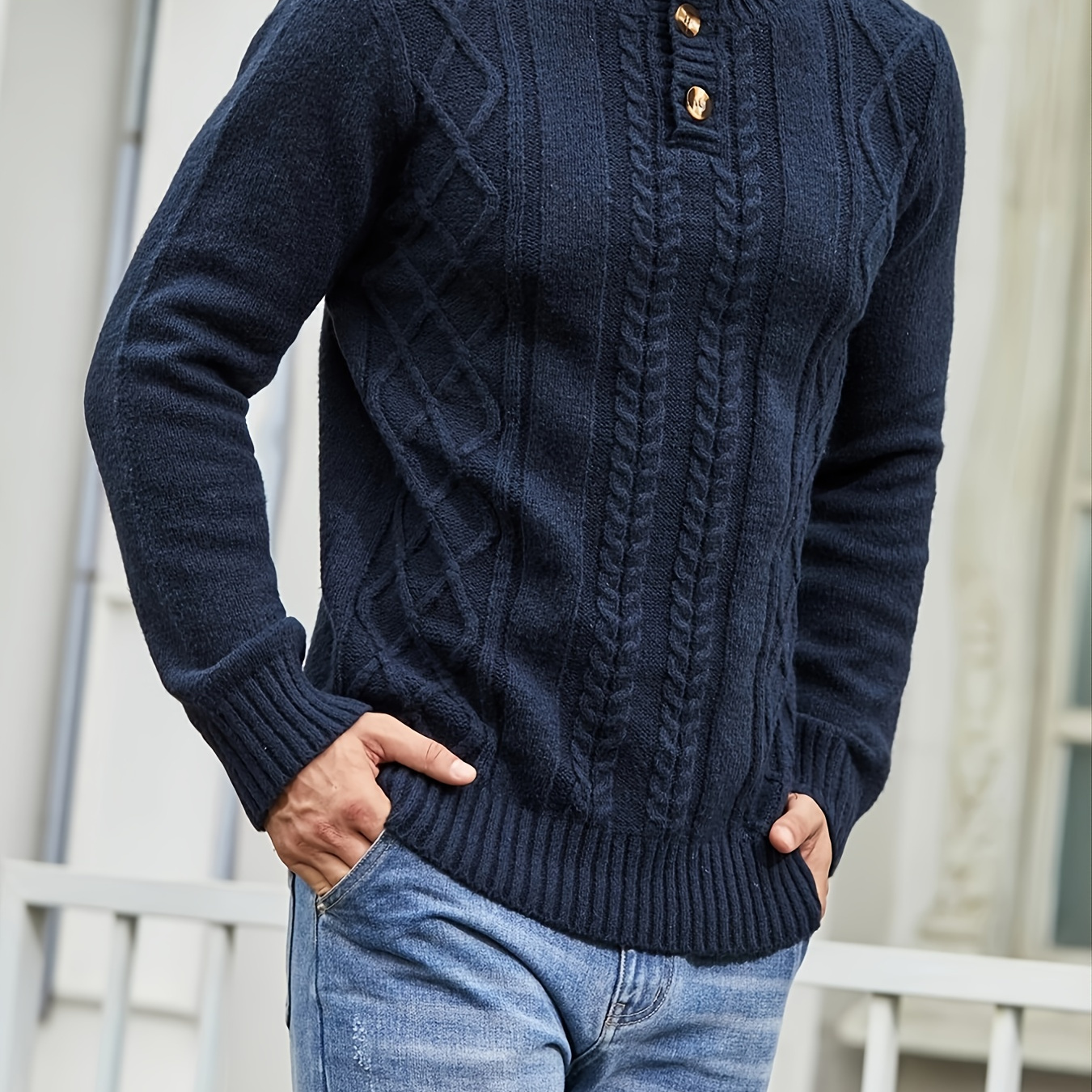 Men s Cable Knit Button Retro Long Sleeve Pullover Sweater Clothing 