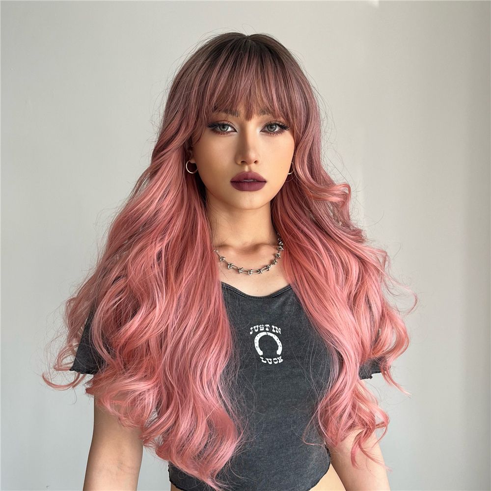 Pink Wigs With Bangs Long Wavy Wig For Women Ombre Pink Synthetic Curly  Wigs Heat Resistant Natural Wavy Wig Daily Party Wear - Beauty & Personal  Care - Temu