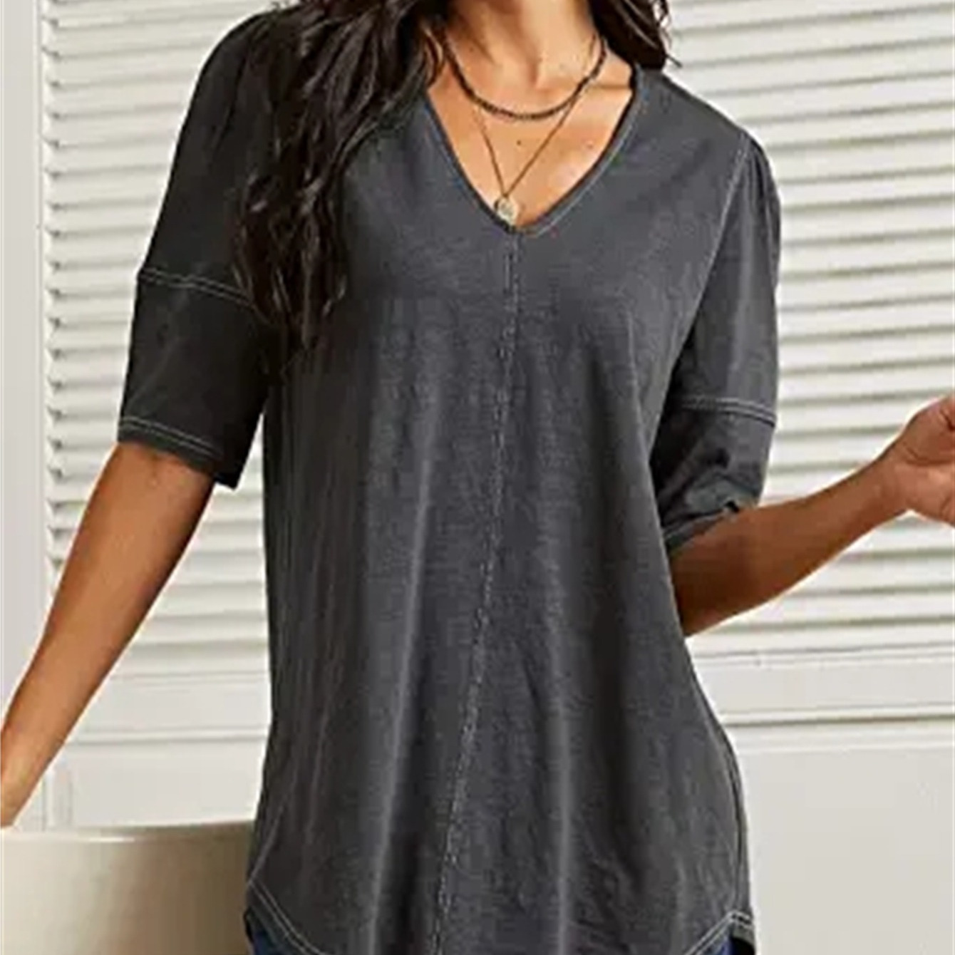 

Women's T-shirt Short Sleeve V-neck Casual Summer Tunic Loose Solid Color Basic T-shirt