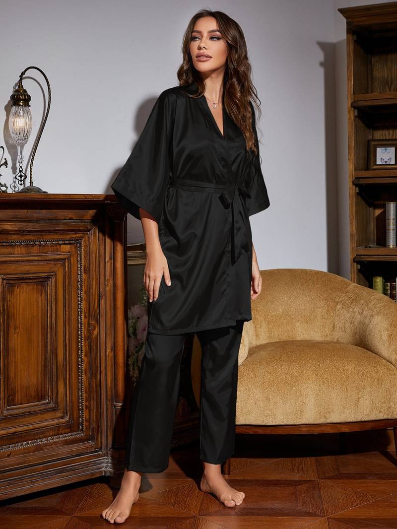 Women's Silk Satin 3pics Set Tops Pants & Robe Loungewear Set | Shop On ...