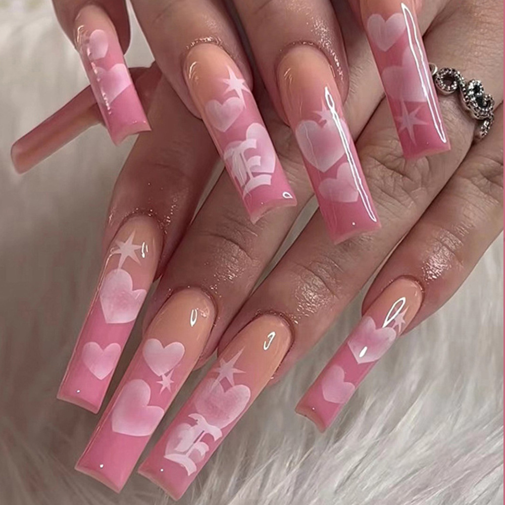 Pink Heart Rhinestone False Pink Nails Set With Detachable Press