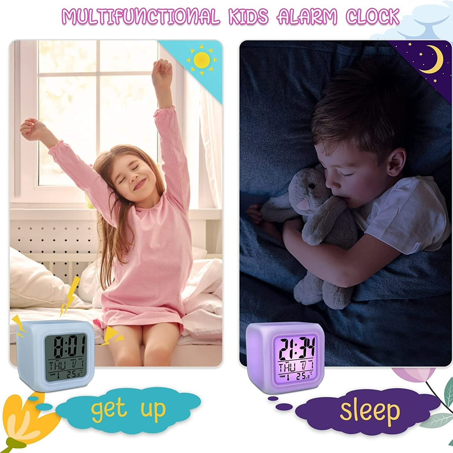 Reloj despertador para niños, reloj despertador digital con luz nocturna  que cambia de color táctil, multifunción, para dormitorios de niños