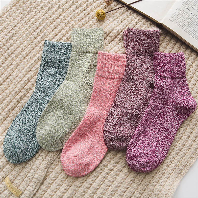 Thick & Warm Winter Socks, Knit Style Solid Cotton Crew Length Socks, Women's Stockings & Hosiery