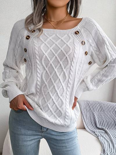 Suéter de mujer, cuello redondo, texturizado, con botones y manga ranglán