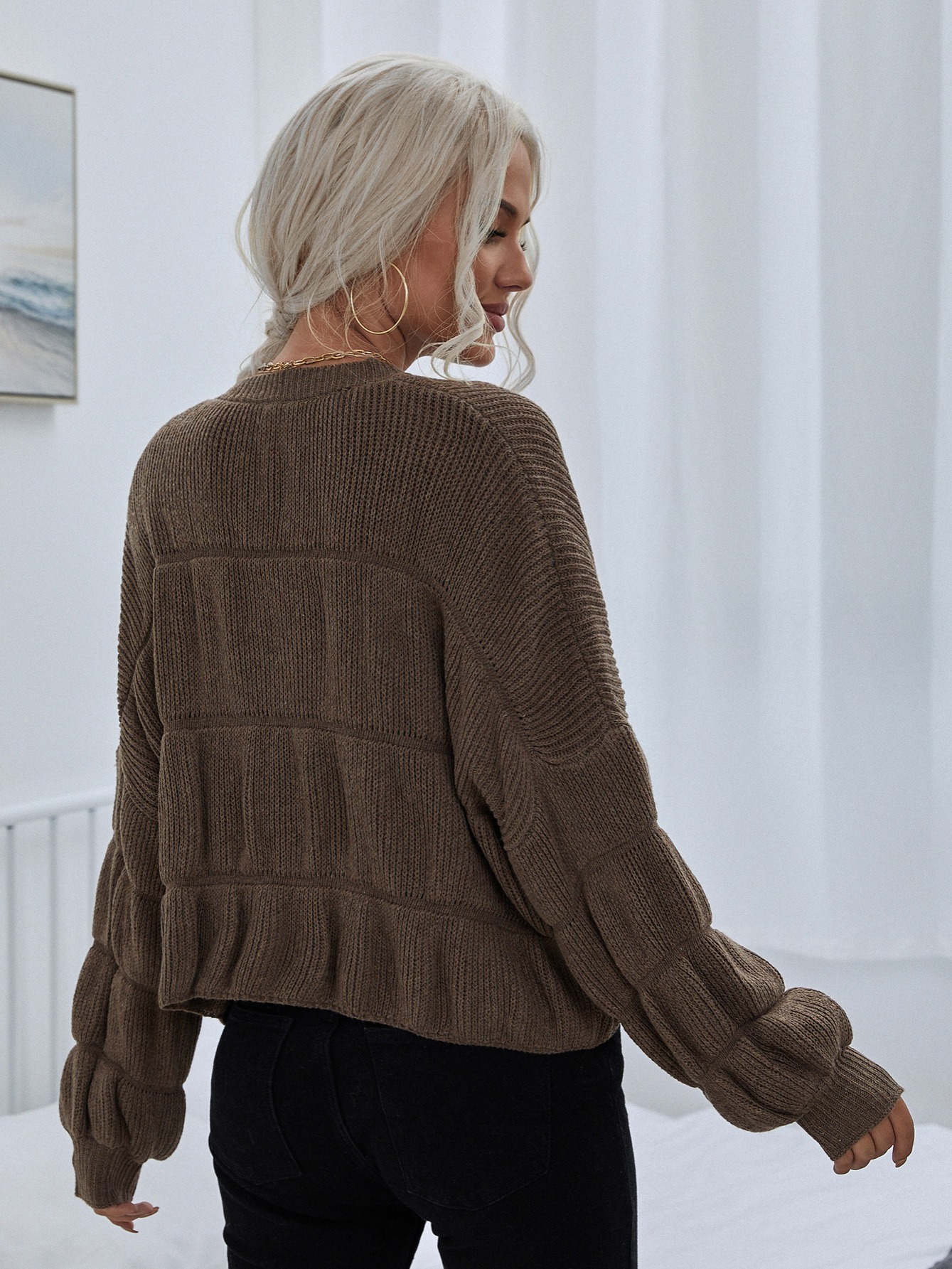 Sexy Bowknot V Neck Crop Sweater, Casual Lantern Long Sleeve Loose Fall Winter Knit Sweater, Women's Clothing